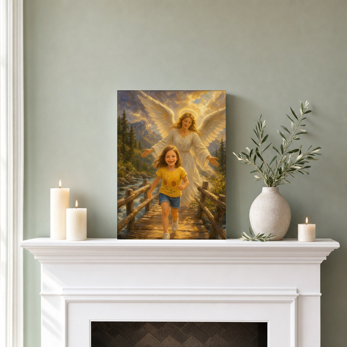 Guardian Angel Bridge: room mockup, mantel