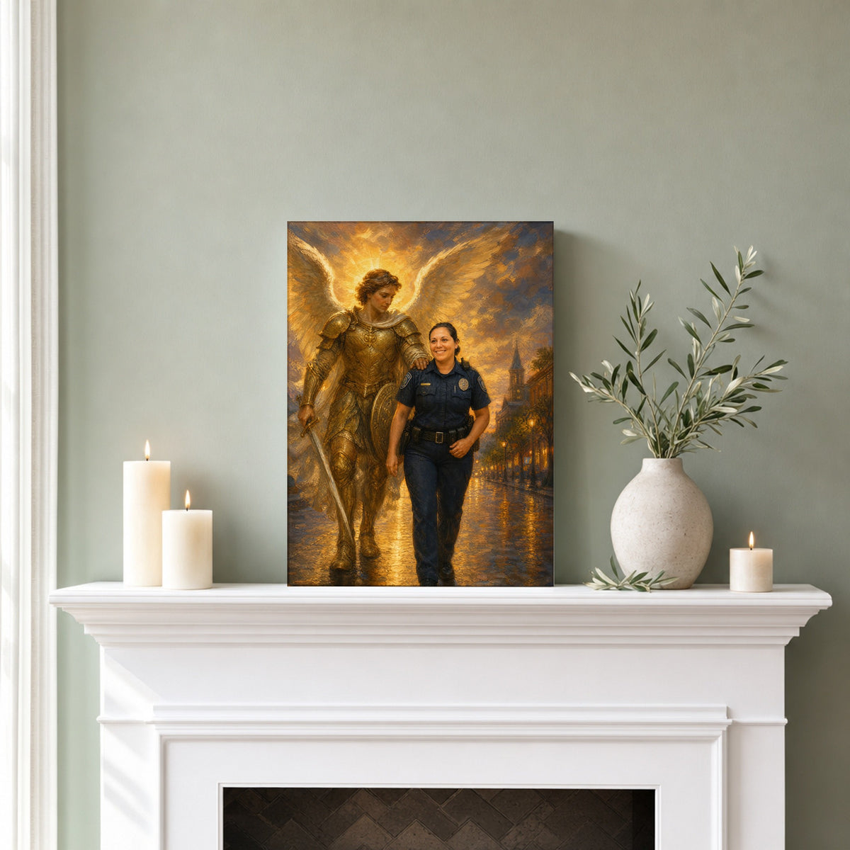 St. Michael Protector: room mockup, mantel